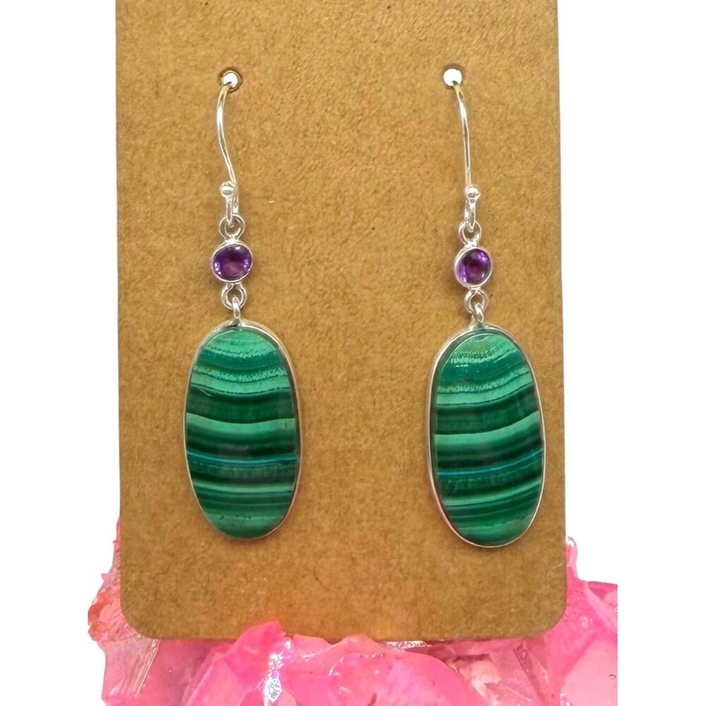 Malachite & Amethyst Earrings Solid 925 Sterling Silver Green Stone